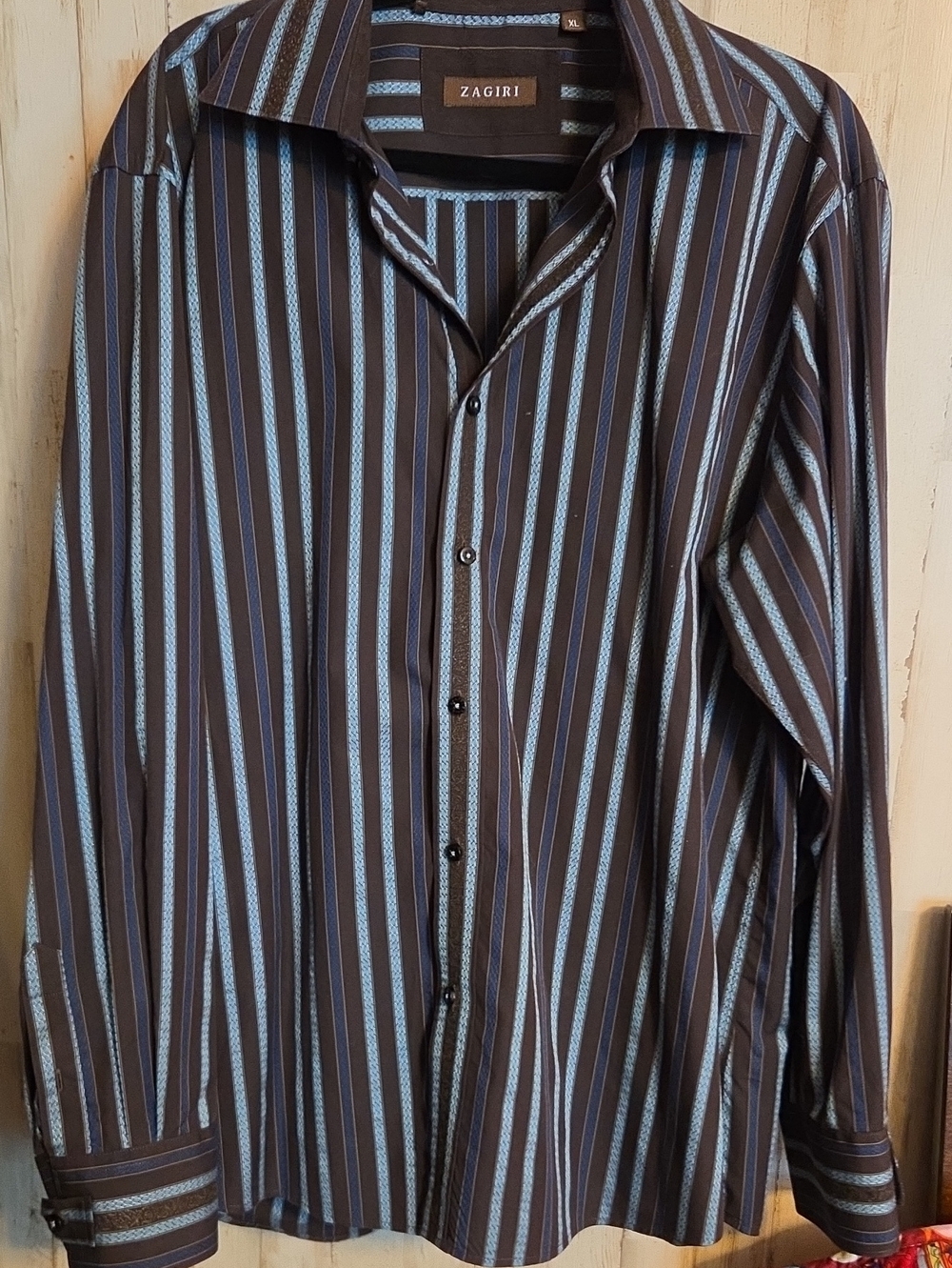 Zagiri Men's Brown and Light Blue Striped Dress Shirt